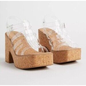 Torrid Lucite Cage Platform Wedge Heels S 11WW Clear Jelly Straps Court Sandal
